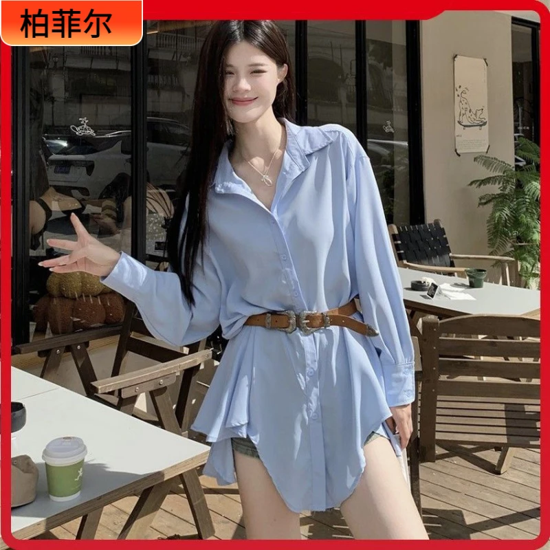 I2025春秋新款白色polo领衬衫连衣裙女收腰套装高级感腰带短裙1