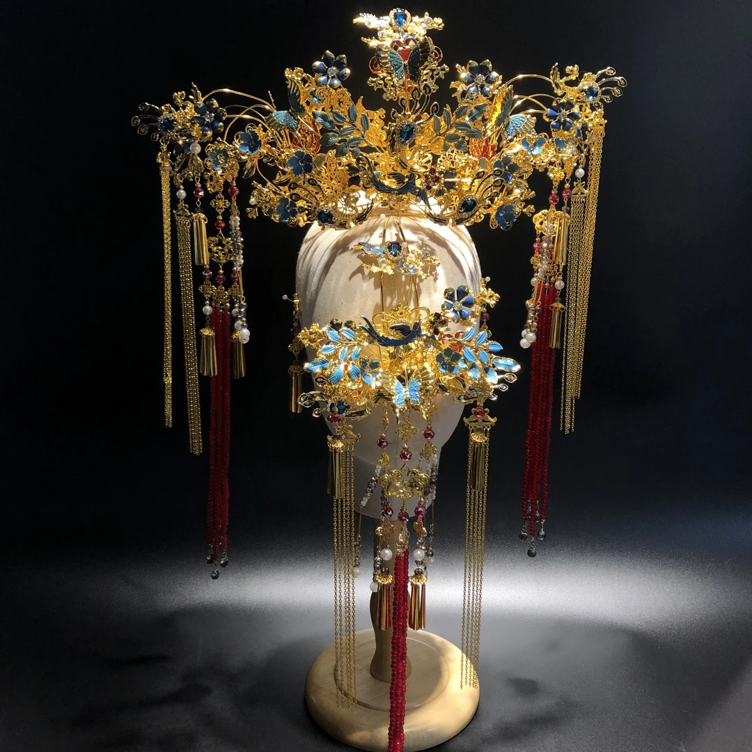 婚庆饰品08311中式婚礼新娘头饰景泰蓝结婚汉服凤冠复古秀禾发饰