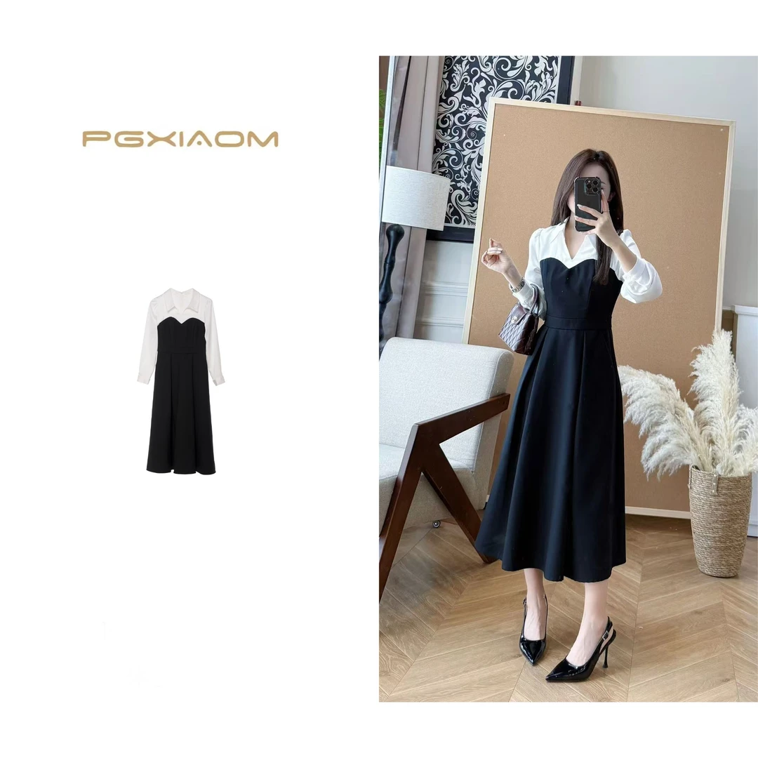 【PGXIAOM】润秀定制黑色V领拼接长袖连衣裙QZ4384
