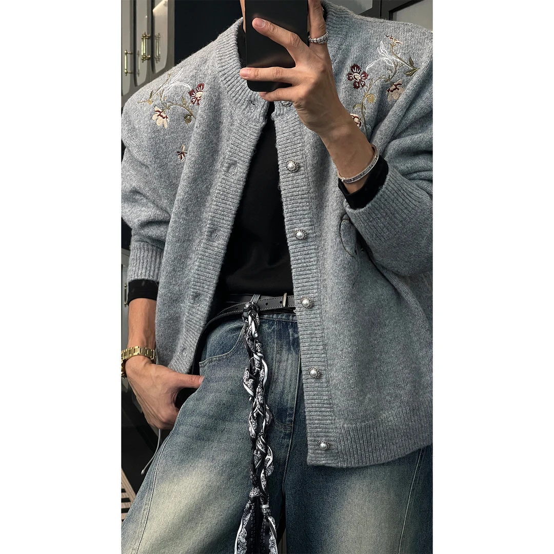 龙叨叨秋季新品小众设计感手工刺绣针织衫男韩系宽松休闲开衫外套