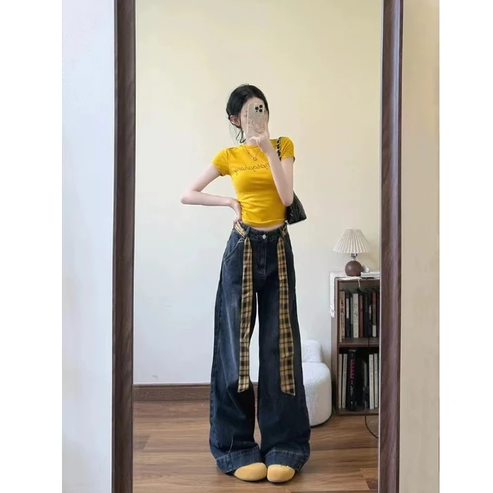 美式辣妹套装女2025夏季修身字母短袖上衣高级感阔腿牛仔裤两件套