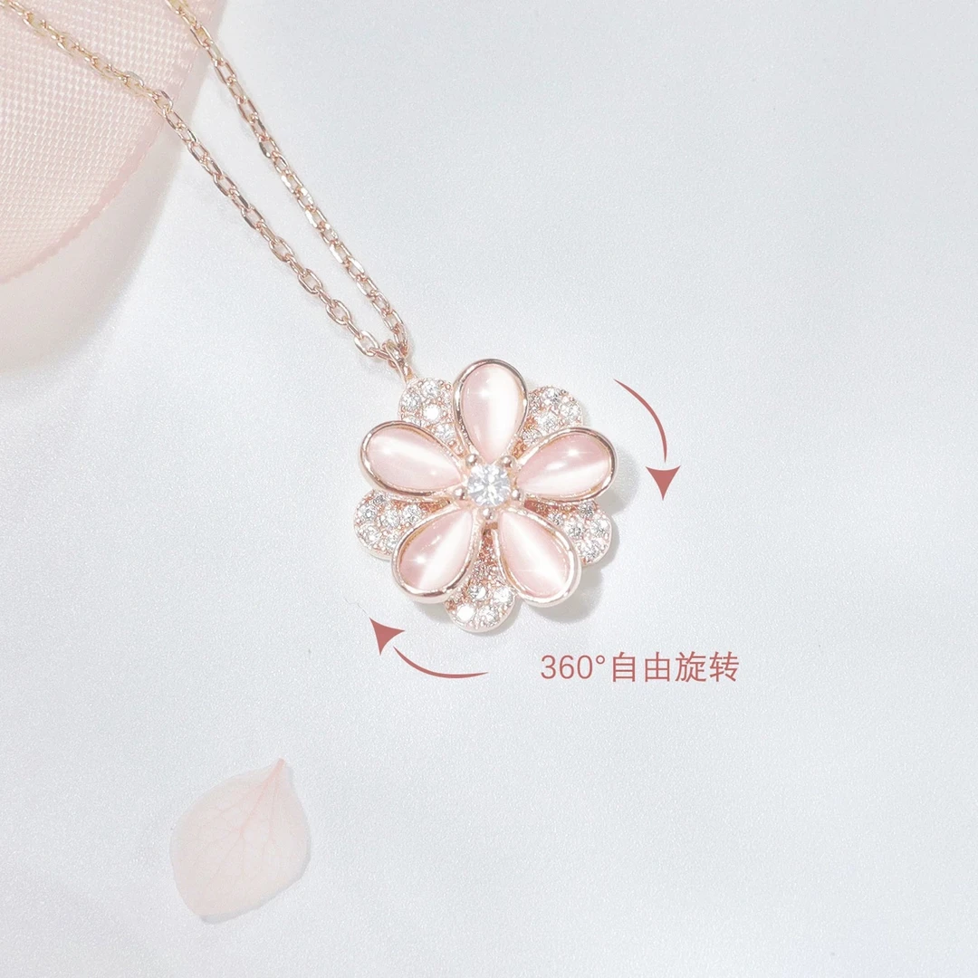 钛钢项链 旋转樱花粉色吊坠项链轻奢小众设计款高级锁骨链F1634