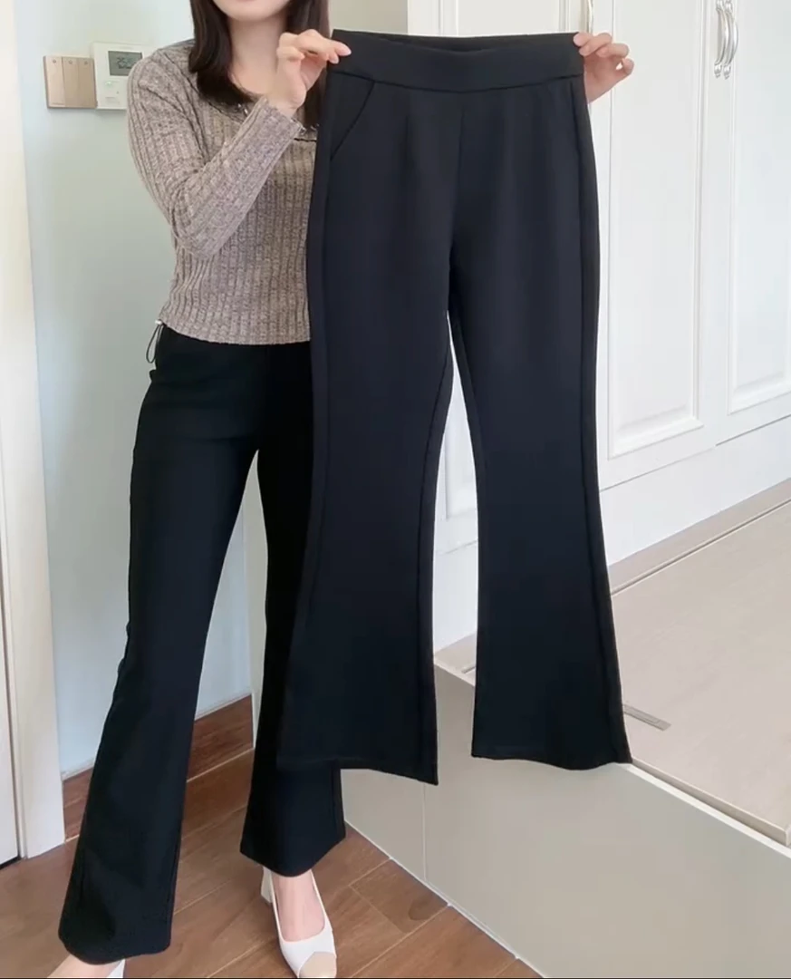 大码早春夏新款四面弹力无痕微喇叭高腰百搭休闲显瘦时尚黑色裤子