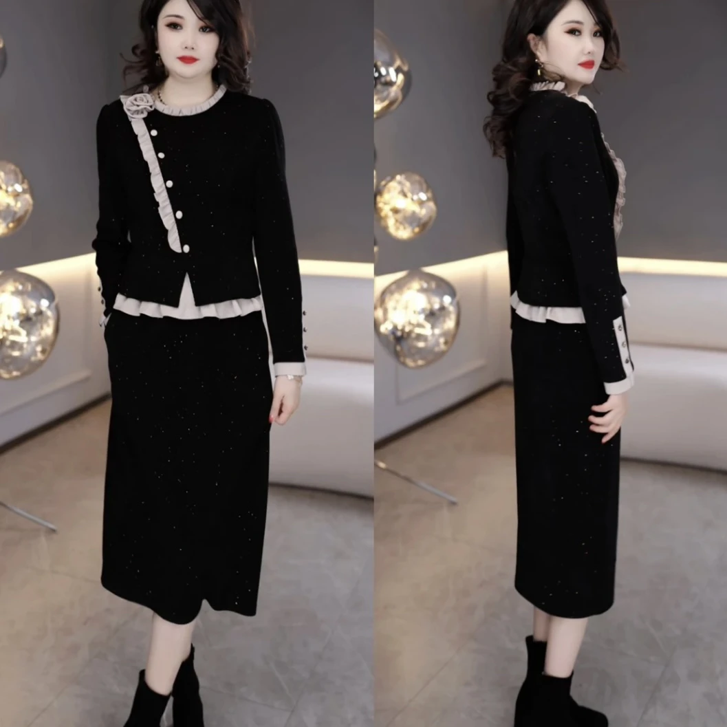 2024年冬季时尚洋气收腰遮肚显瘦加厚中长款假两件连衣裙M-4XL