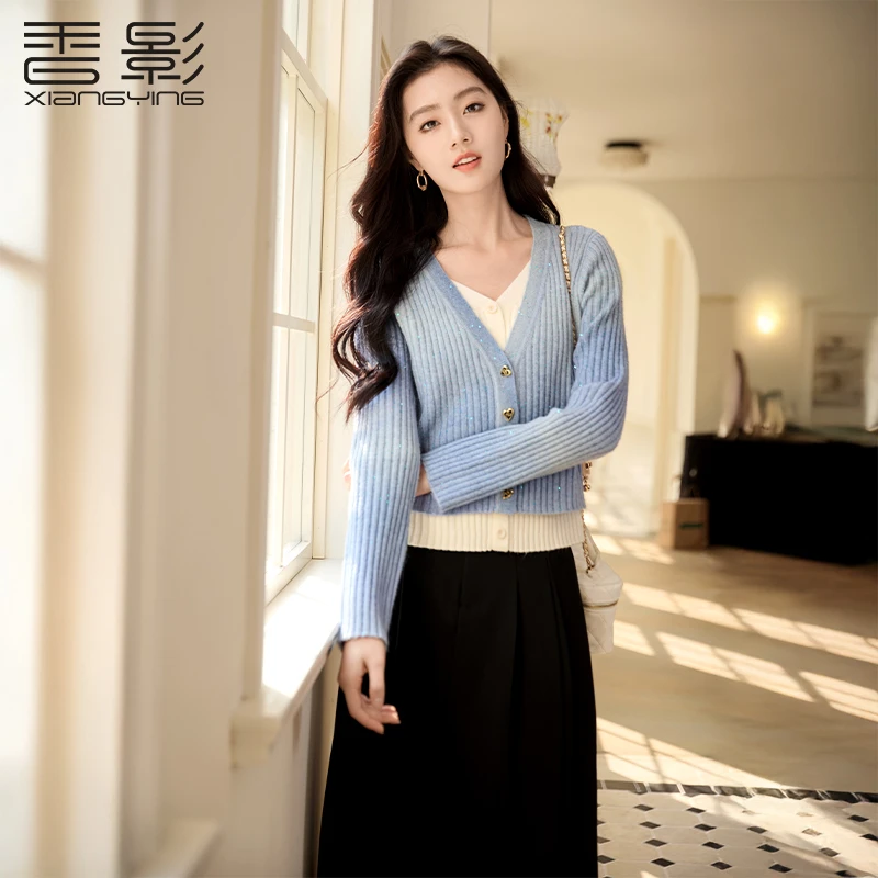 N851097毛针织衫香影欧若智性风渐变晕染假两件针织衫春款