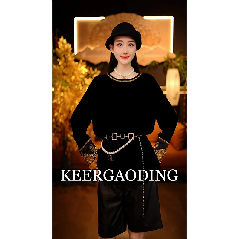 【已售罄】高端新中式设计师款钉珠刺绣桑蚕丝丝绒上衣WQ-10053