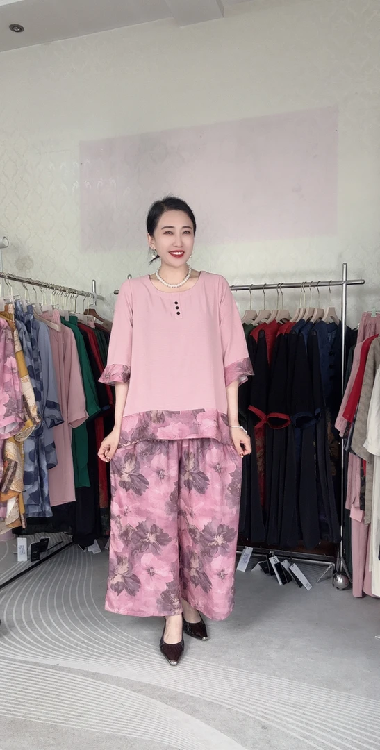 设计师印花休闲气质运动时尚套装紫色宽松裤子风夏季套装阔腿裤