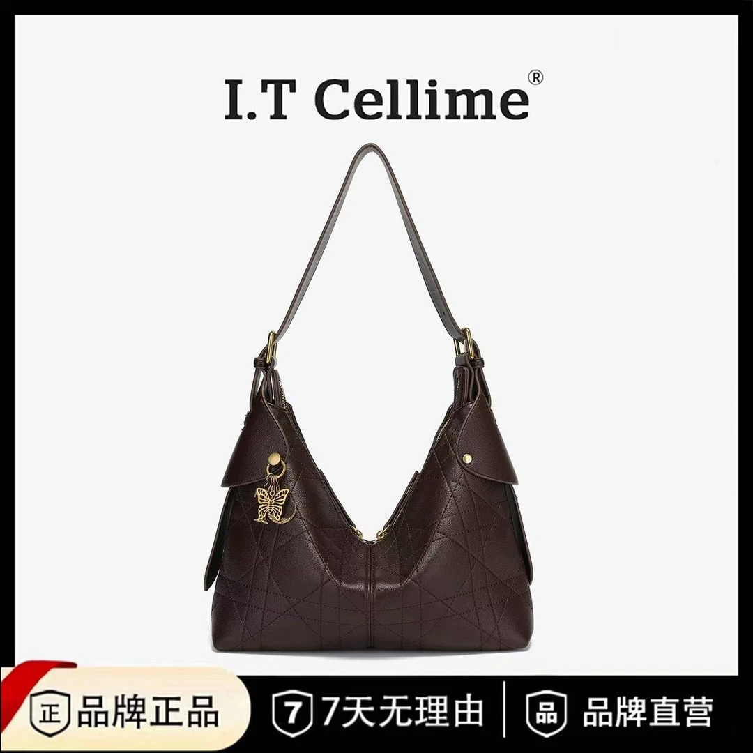 [浓咖菱纹]蝴蝶挂饰包绗缝肌理鎏金五金慵懒腋下包38553咖啡色