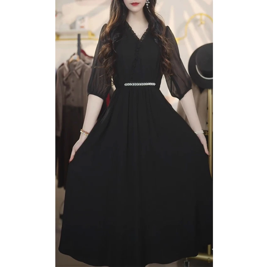 L950黑色连衣裙女夏新款法式气质优雅提花显瘦V领收腰大摆长裙