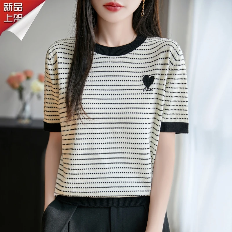 哥弟阿玛施正品2025夏季新款圆领爱心刺绣上衣条纹拼色短袖针织衫