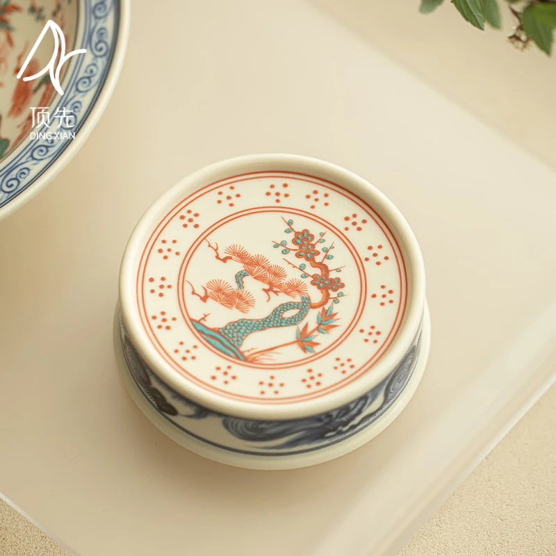 顶先 陶瓷红绿彩岁寒三友盖置家用杯垫简装茶道零配 A12101