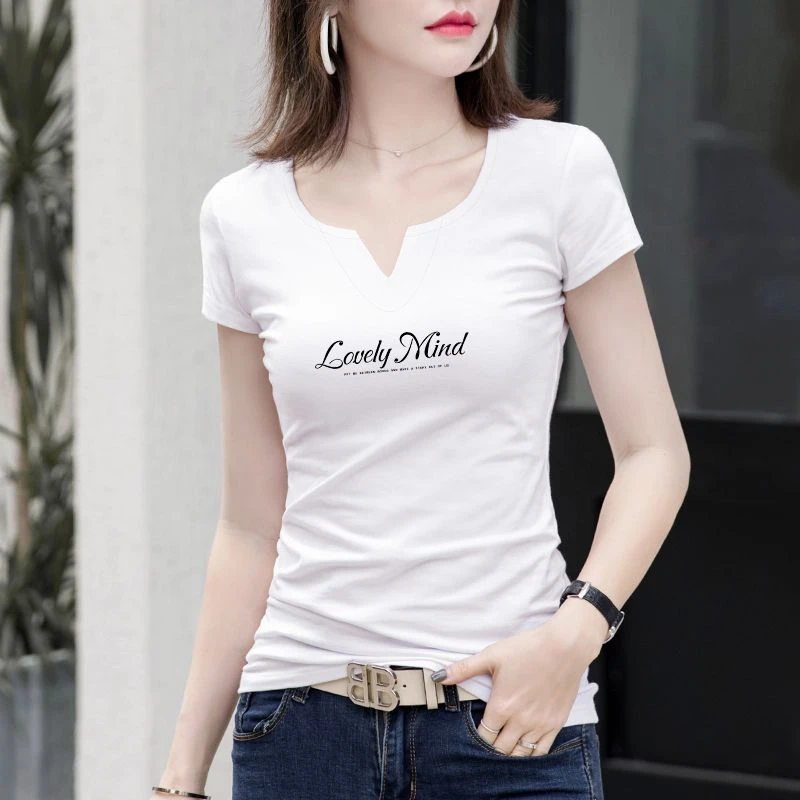 白色短袖T恤女设计感女V领打底衫2025年夏季新款半袖上衣大码女装