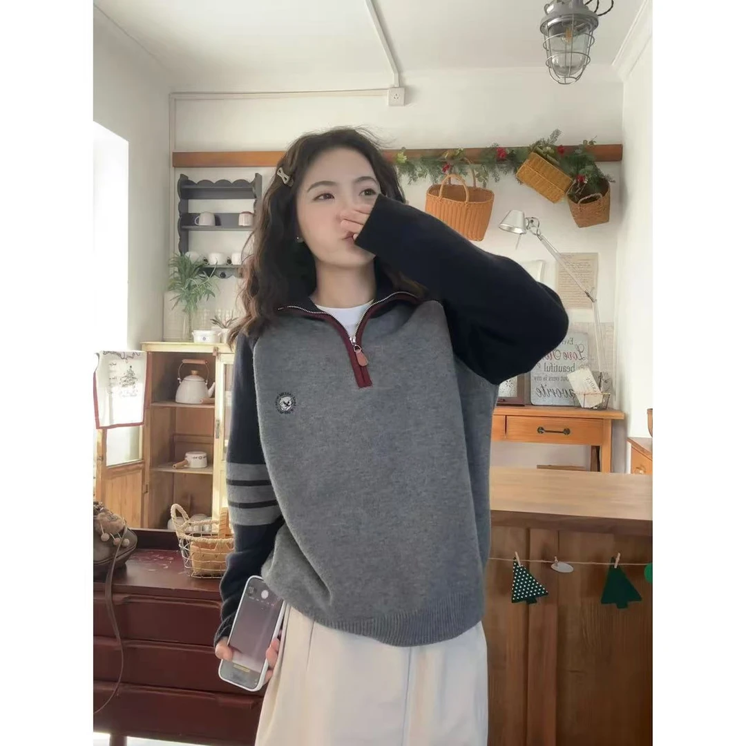 KJ3307新款韩国撞色刺绣半拉链软糯百搭针织衫