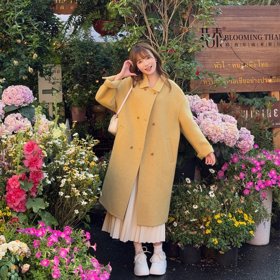 25905 法式高级感气质赫本风简约百搭双排扣中长款宽松羊毛大衣