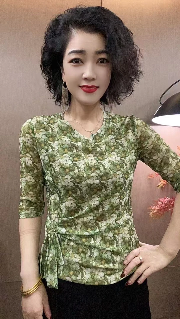 2025早春新款短袖V领气质印花洋气时尚女士上衣打底衫#2554