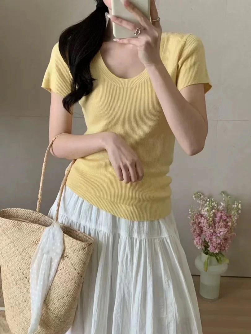 MIMI新款夏季显瘦百搭U领纯色细羊毛针织衫女时尚洋气打底衫