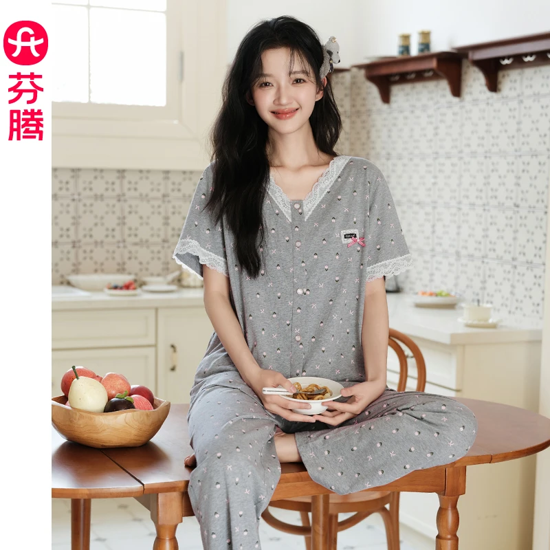 芬腾睡衣女款2025新款夏季纯棉短袖长裤开衫套装薄款宽松家居服