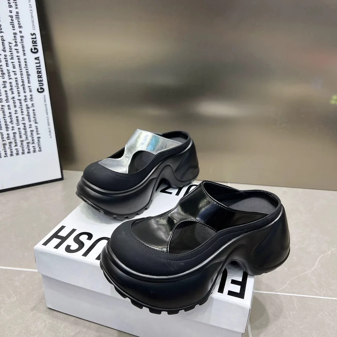 【LL】7CM深海绵~拖鞋2025新款拼色镂空松糕休闲鞋高跟鞋