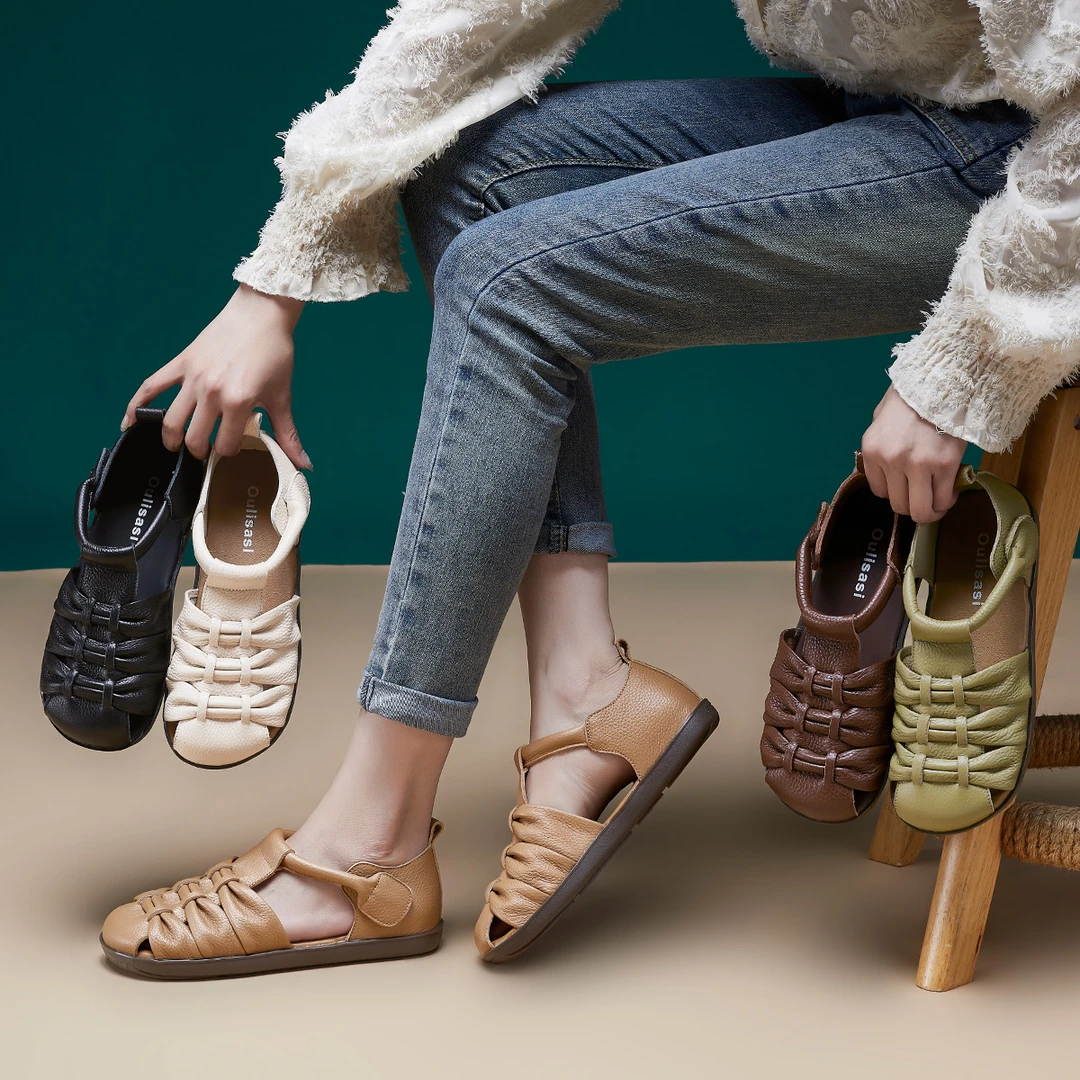 373头层牛皮凉鞋女2024设计师新款镂空系带魔术贴薄底