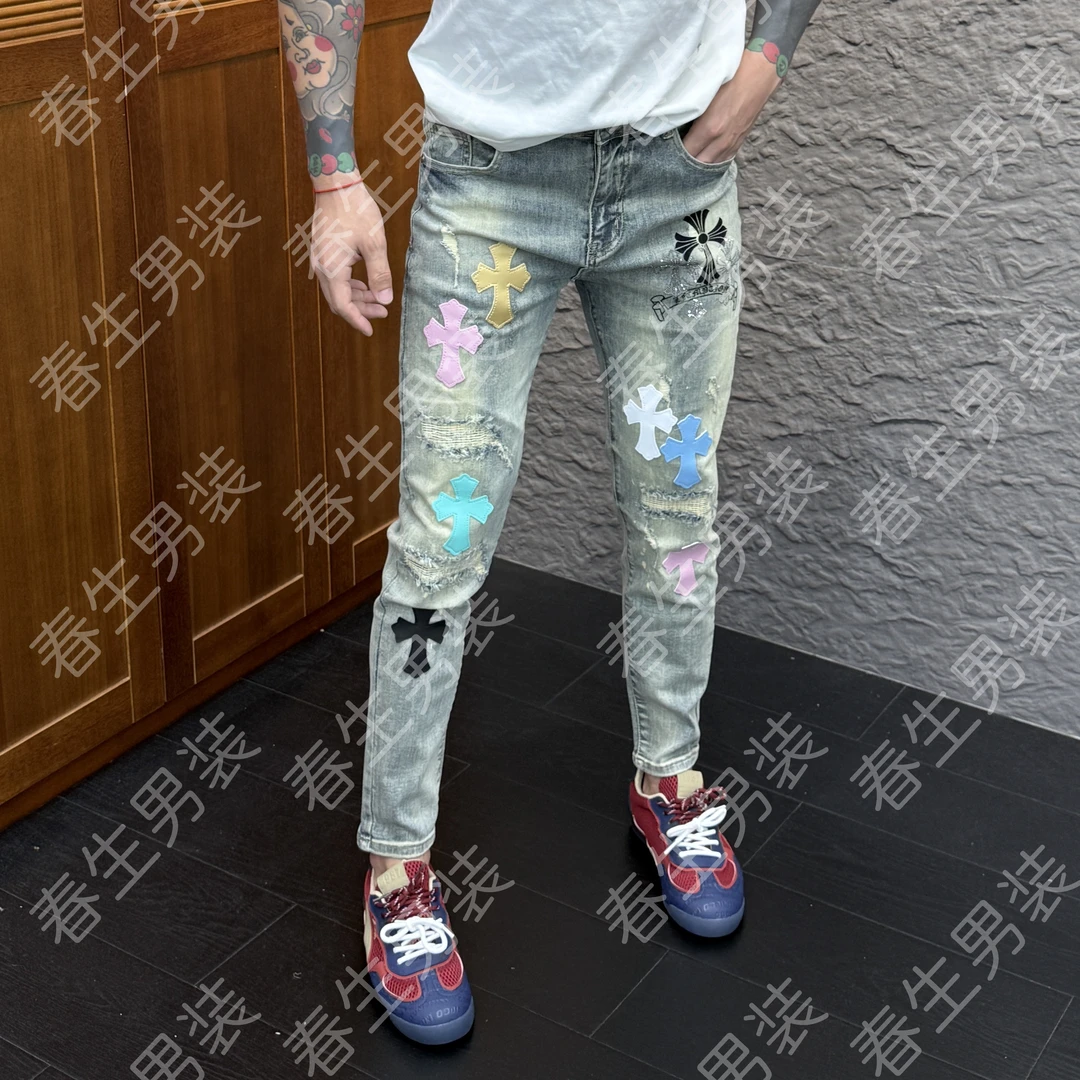 2025春季新款时尚休闲百搭夏季薄款贴布绣男士小脚牛仔裤9123