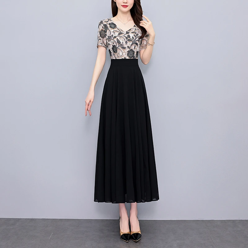 2025年夏季新款真丝碎花连衣裙短袖长款洋气质修身显瘦大摆长裙子