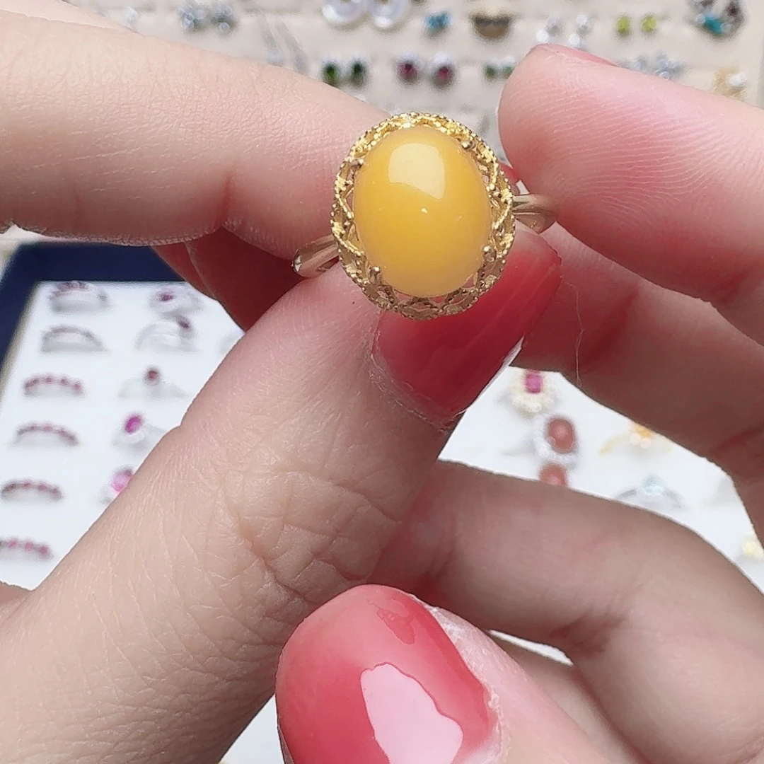 蜜蜡戒指银S925镶嵌戒指