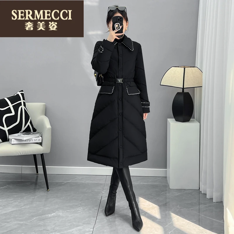 奢美姿法式翻领小香风黑色羽绒服女冬2025新款中长款气质收腰外套