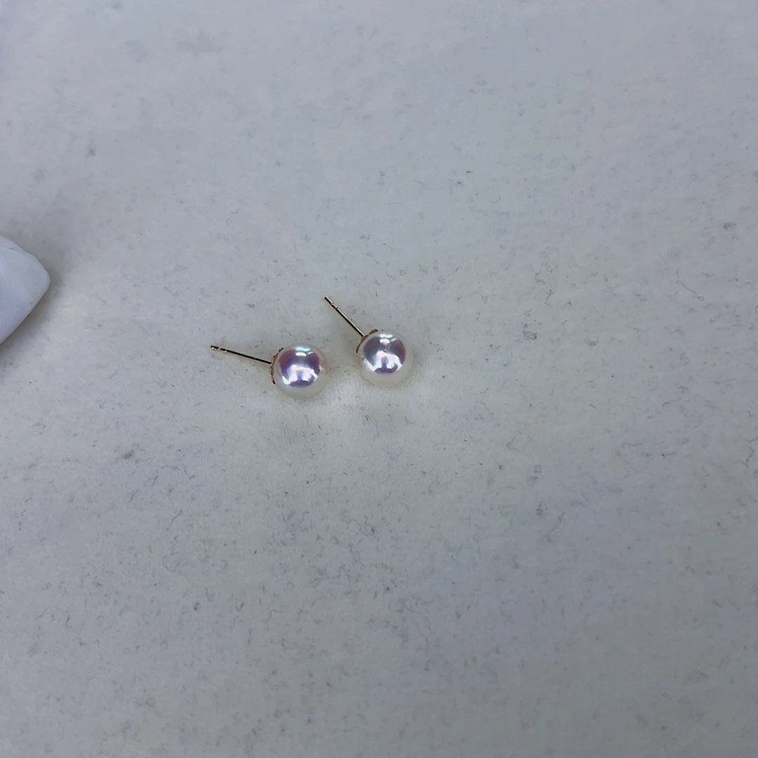 海水珍珠海水akoya天女耳钉7-7.5mm18K金镶嵌