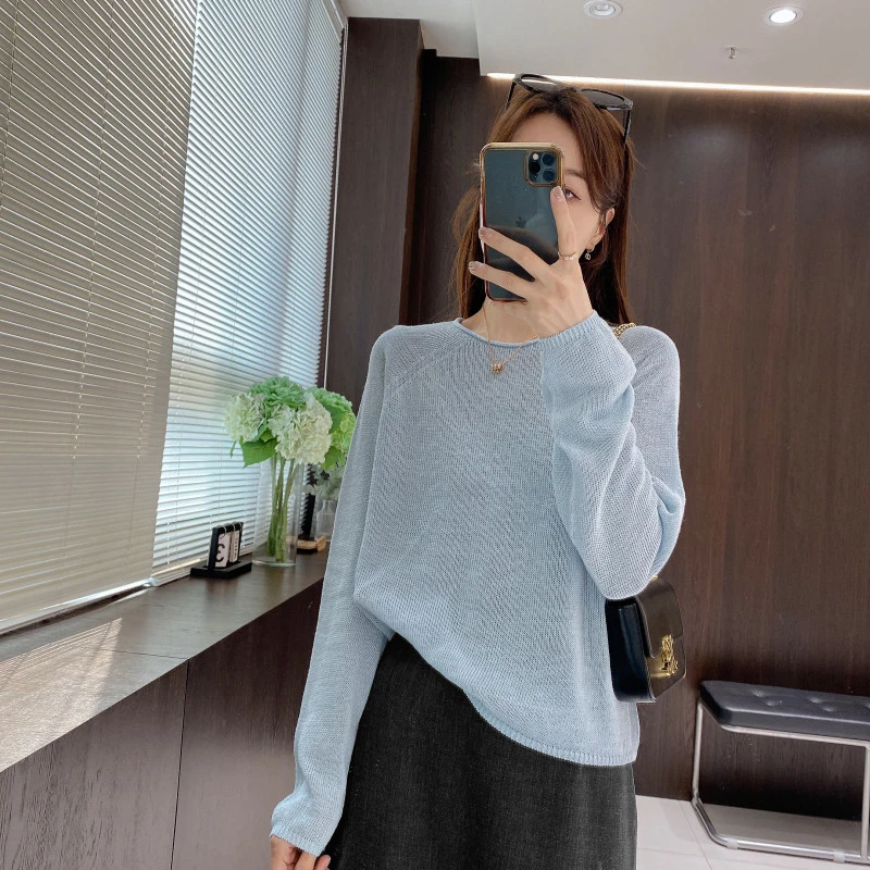 IMFLY金小金自制女装 针织衫DYW8718欧若风春装卷边圆领打底小衫