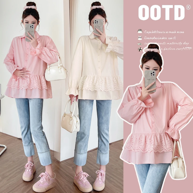 2025早春法式宽松复古拼接花边孕妇衫韩系减龄长袖上衣大码女装