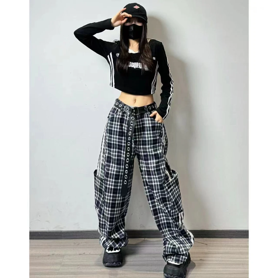 十三姨格子大口袋条纹裤子阔腿裤显瘦休闲嘻哈格子裤棋盘格