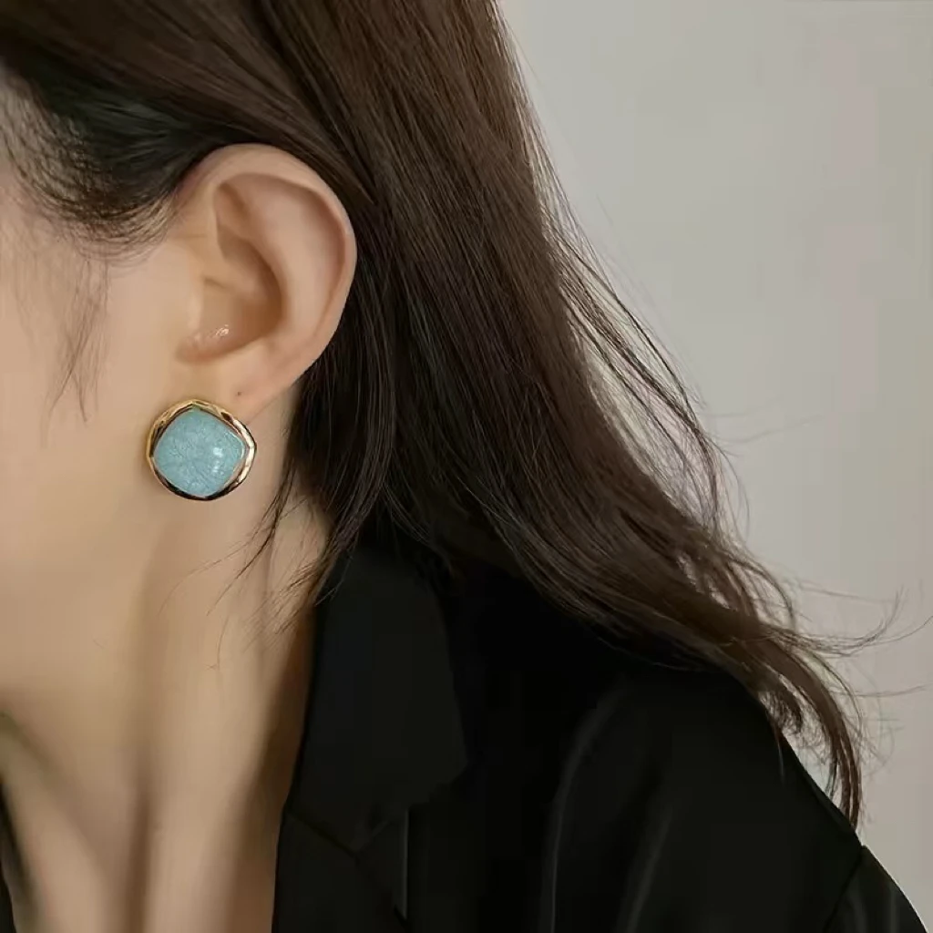 钛钢大理石耳饰 复古高级方形纹理石银针耳环独特设计耳钉女7043