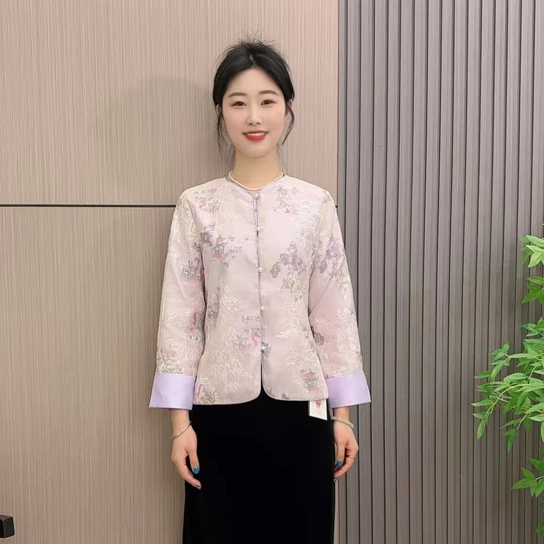 K062欧根纱刺绣轻国风长袖外套女气质减龄新中式上衣春夏薄款开衫