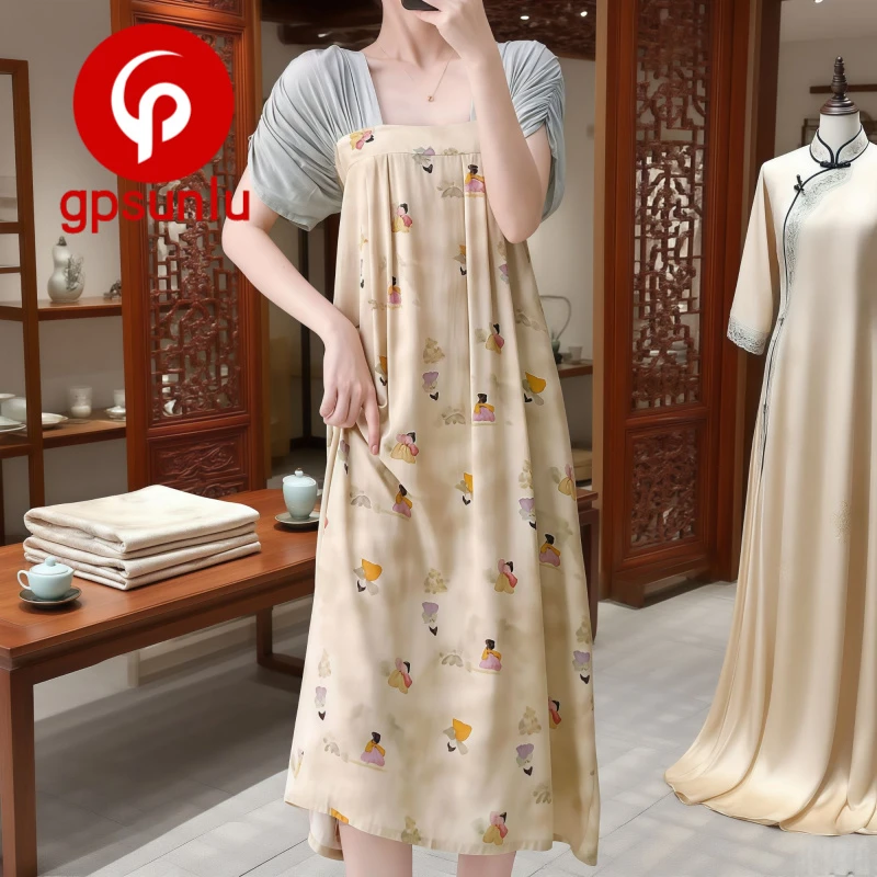 gpsunlu「唐风美人」薄款睡衣女棉绸宽松大码睡裙女夏季短袖家居服