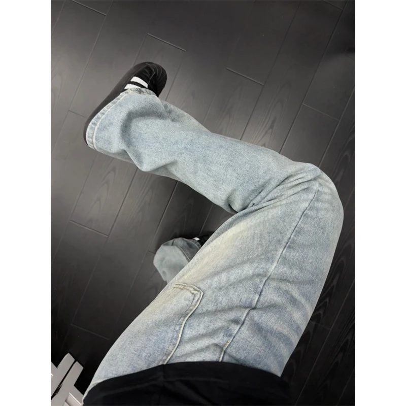 浅蓝色弯刀牛仔裤男秋季高腰修身显瘦裤子美式高街vibe直筒微喇裤