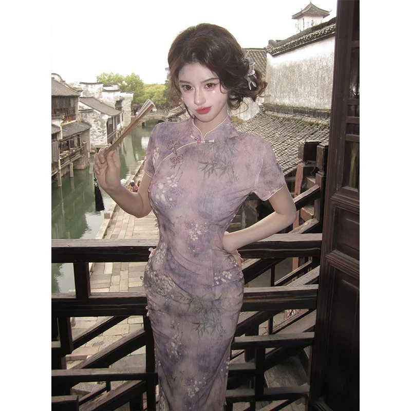 紫色旗袍2025新款改良年轻款女夏季新中式复古网红爆款国风连衣裙