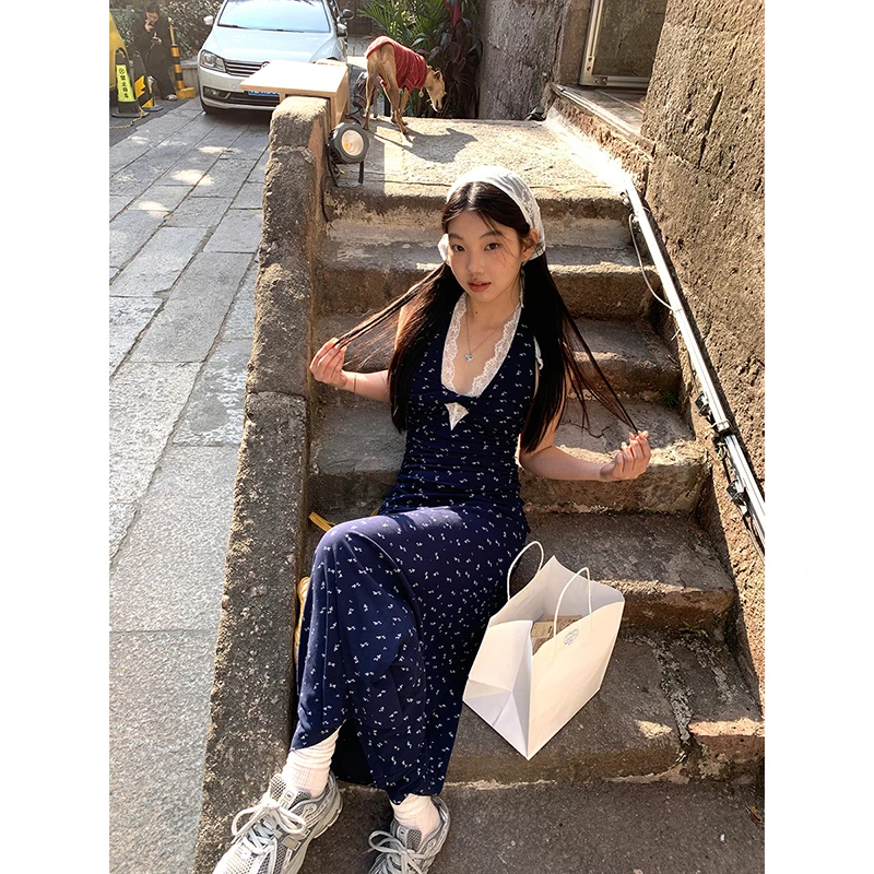 【HRG】春夏韩系碎花拼接蕾丝V领设计感连衣裙251U0961