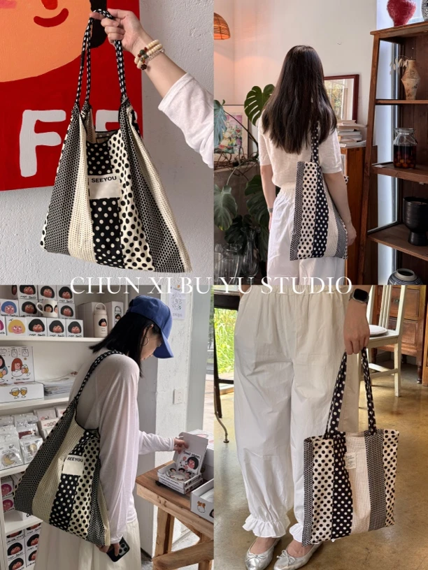 韩系少女点点布袋子2025春夏新款精致百搭抽绳单肩托特包ins包包