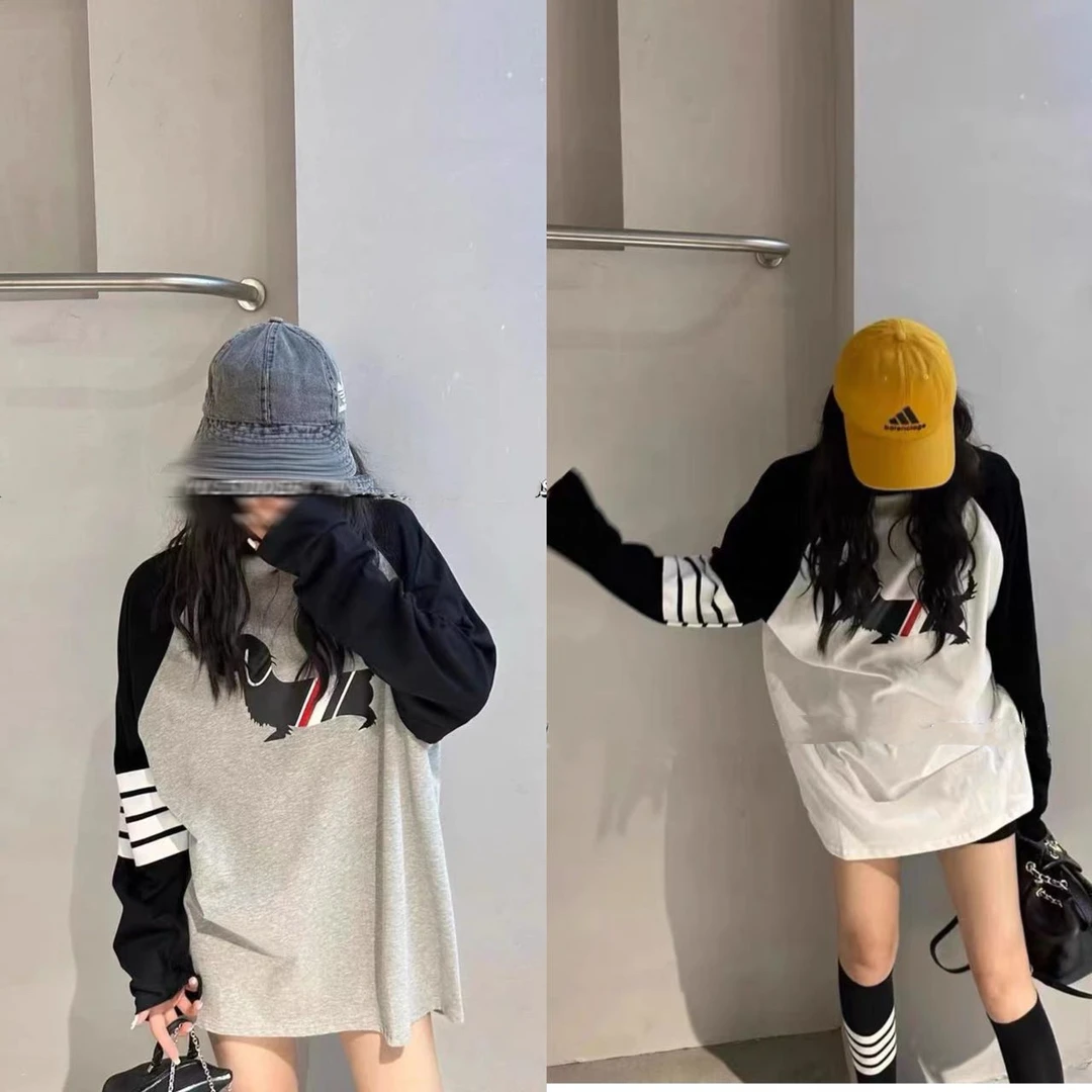 早秋新款撞色小狗插肩长袖女百搭宽松中长款T恤2888