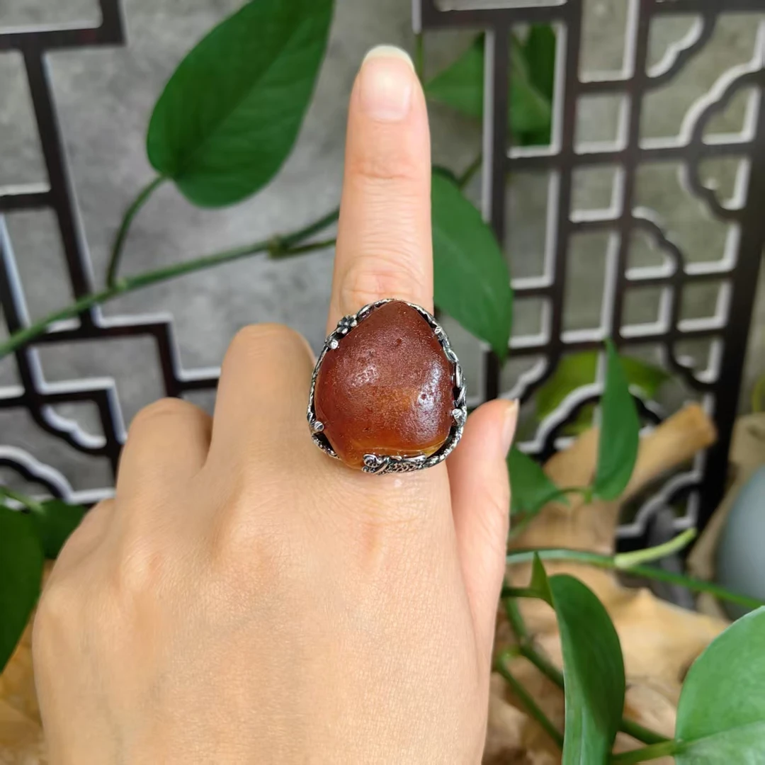 LYliuyng海漂蜜蜡原皮琥珀纯手工银镶嵌个性大戒指原石蜜蜡银戒指