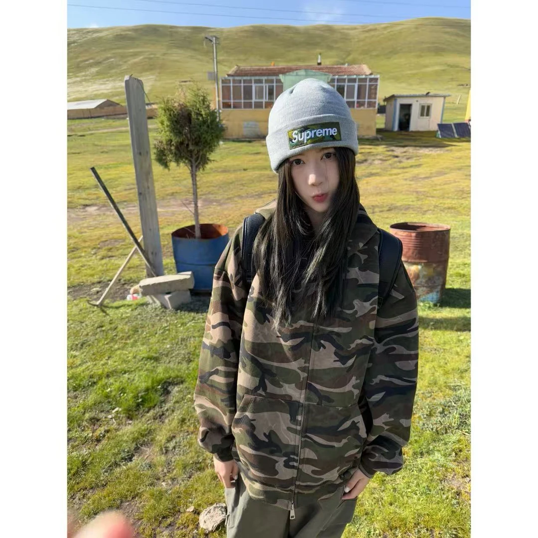 【陈碗饭】秋季新款迷彩开衫连帽卫衣宽松美式复古外套154