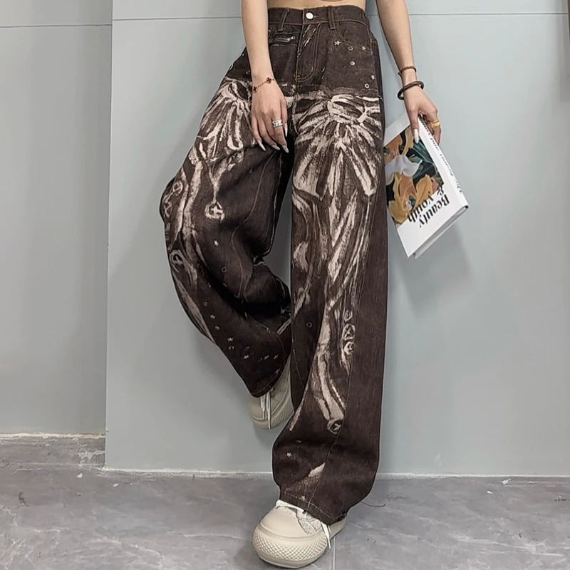 春季新款复古做旧阔腿裤女裤时尚设计感百搭休闲高街裤子-8073