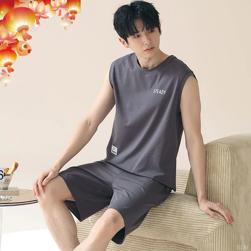 莫代尔睡衣男士夏季无袖冰丝薄款青少年休闲背心家居服套装可外穿