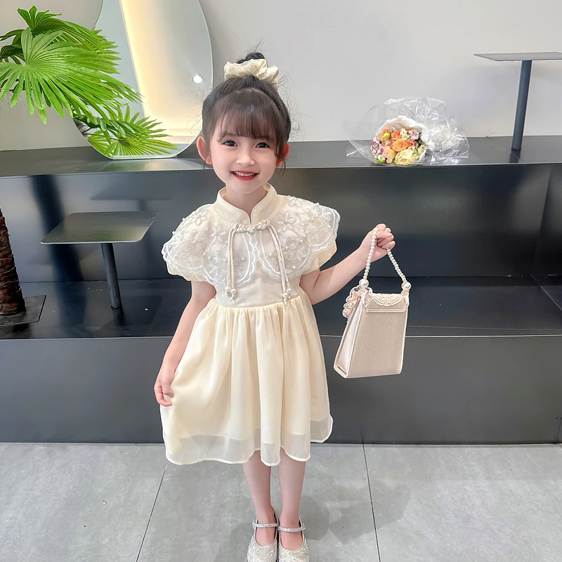 纯色中国风女2025新款洋气夏季短袖连衣裙纱裙旗袍裙洋气公主风裙