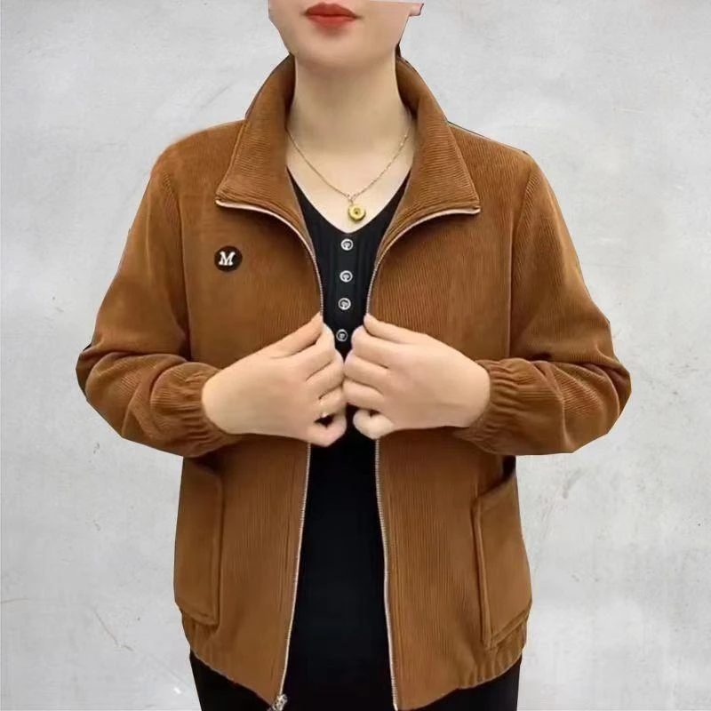 妈妈装时尚减龄灯芯绒外套女秋季长袖纯色衬衫宽松百搭休闲中老年