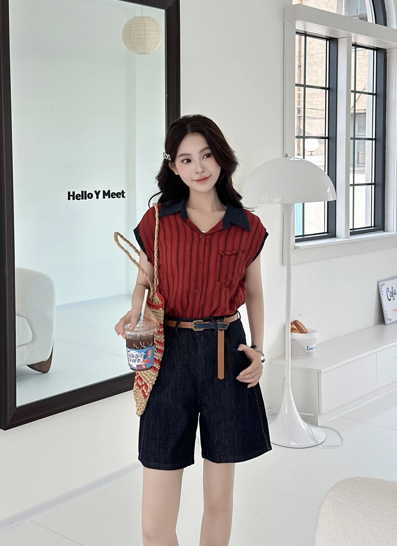 2025夏季新款韩版时尚翻领条纹短袖衬衫女宽松显瘦百搭无袖上衣潮