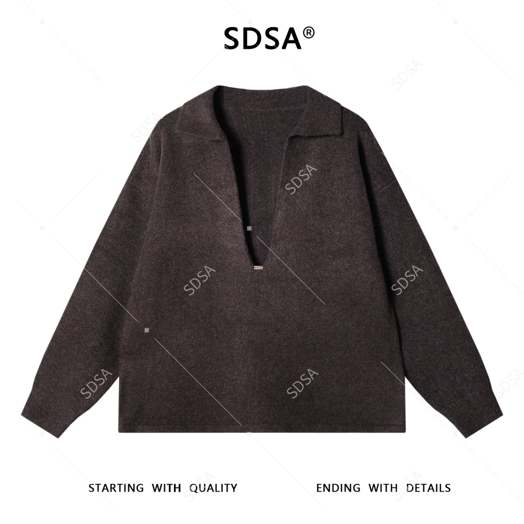 SDSA男士秋冬新款痞帅男装时尚深V翻领针织衫轻奢慵懒风百搭毛衣