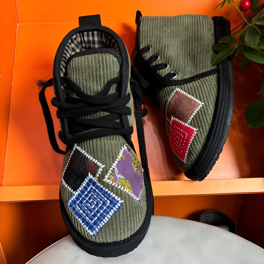 【灯芯绒军绿贴布-高帮系带棉鞋】布鞋棉麻棉鞋千层底布鞋民族风