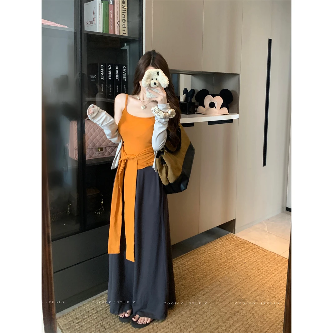 韩系初秋绑带设计感吊带修身显瘦开衫女百搭垂感半身裙三件套