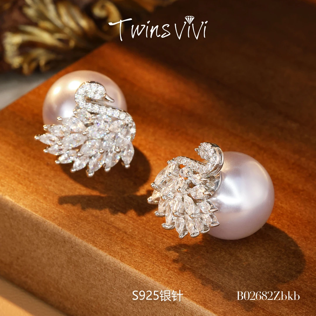 铜合金仿珍珠耳饰 Twins VIVI  天鹅紫色珠珠耳钉/B02682